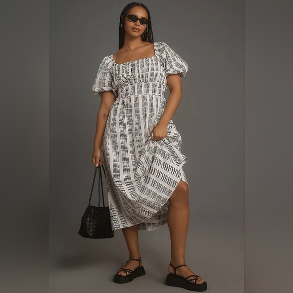 Anthropologie Maeve Puff Short Sleeve Square-Neck Smocked Midi Dress Whi… - Picture 5 of 8